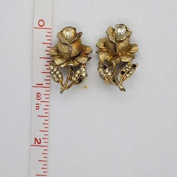 Vintage Rose Clip on Earrings- Brass and Rhinestone - Picture 7 of 8